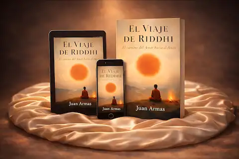 3/5 La muerte no es el fin de nuestro ser 3 Libro El Viaje de Riddhi de Juan Armas en formato papel, tablet y smartphone sobre seda dorada, escena editorial premium.