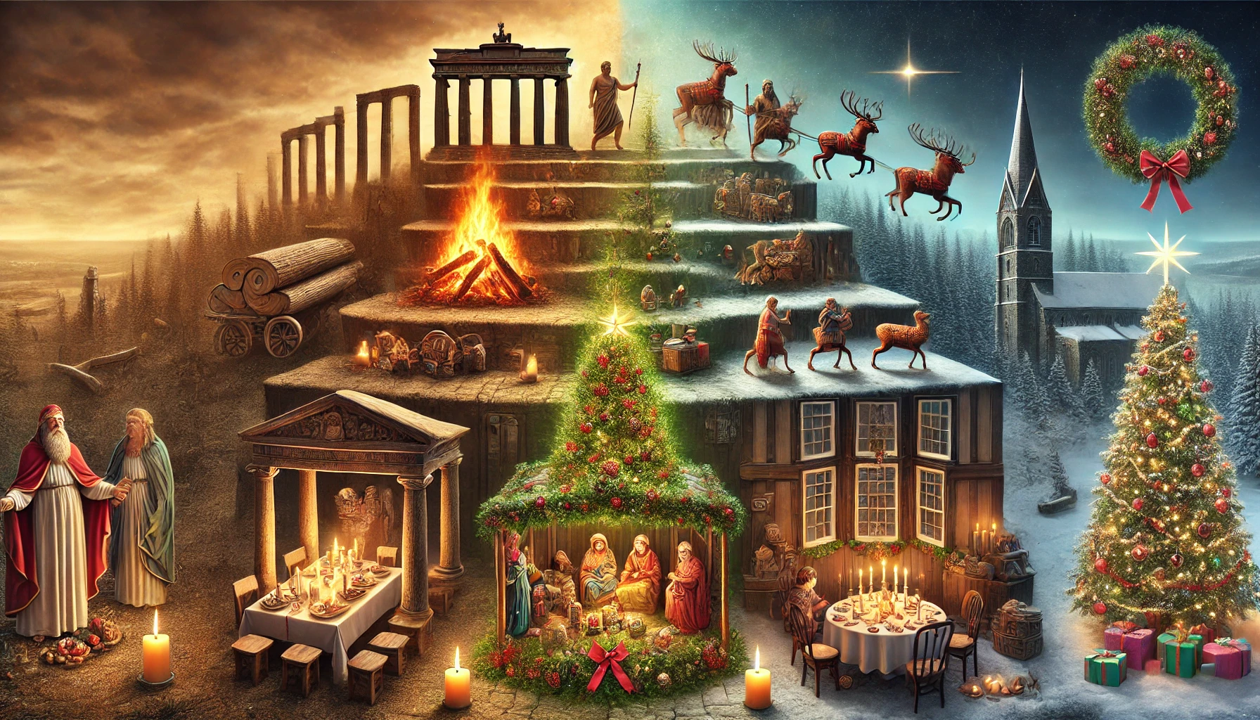 DALL·E 2024 11 24 11.25.27 A hyperrealistic illustration symbolizing the evolution of Christmas in Europe. The scene includes symbols of Christmas throughout history a burning