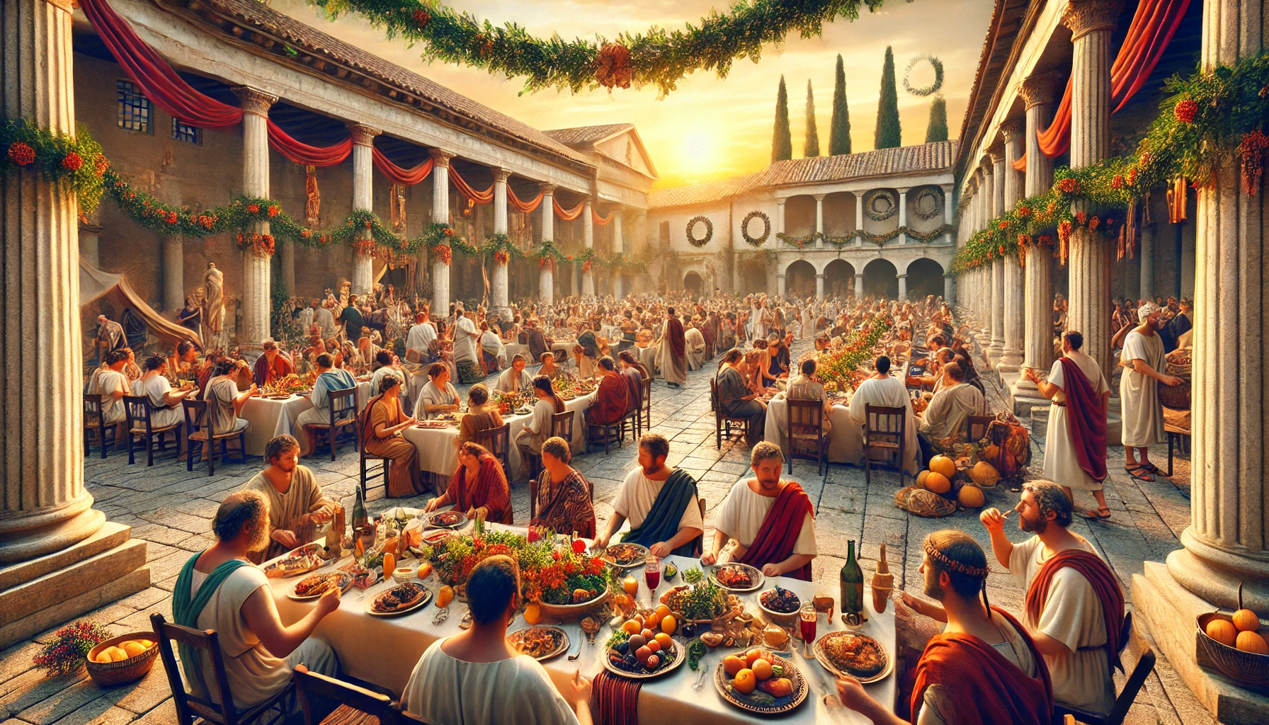 DALL·E 2024 11 24 11.37.17 A hyperrealistic illustration of the Roman Saturnalia festival. The scene depicts a grand banquet in an ancient Roman courtyard with citizens wearing