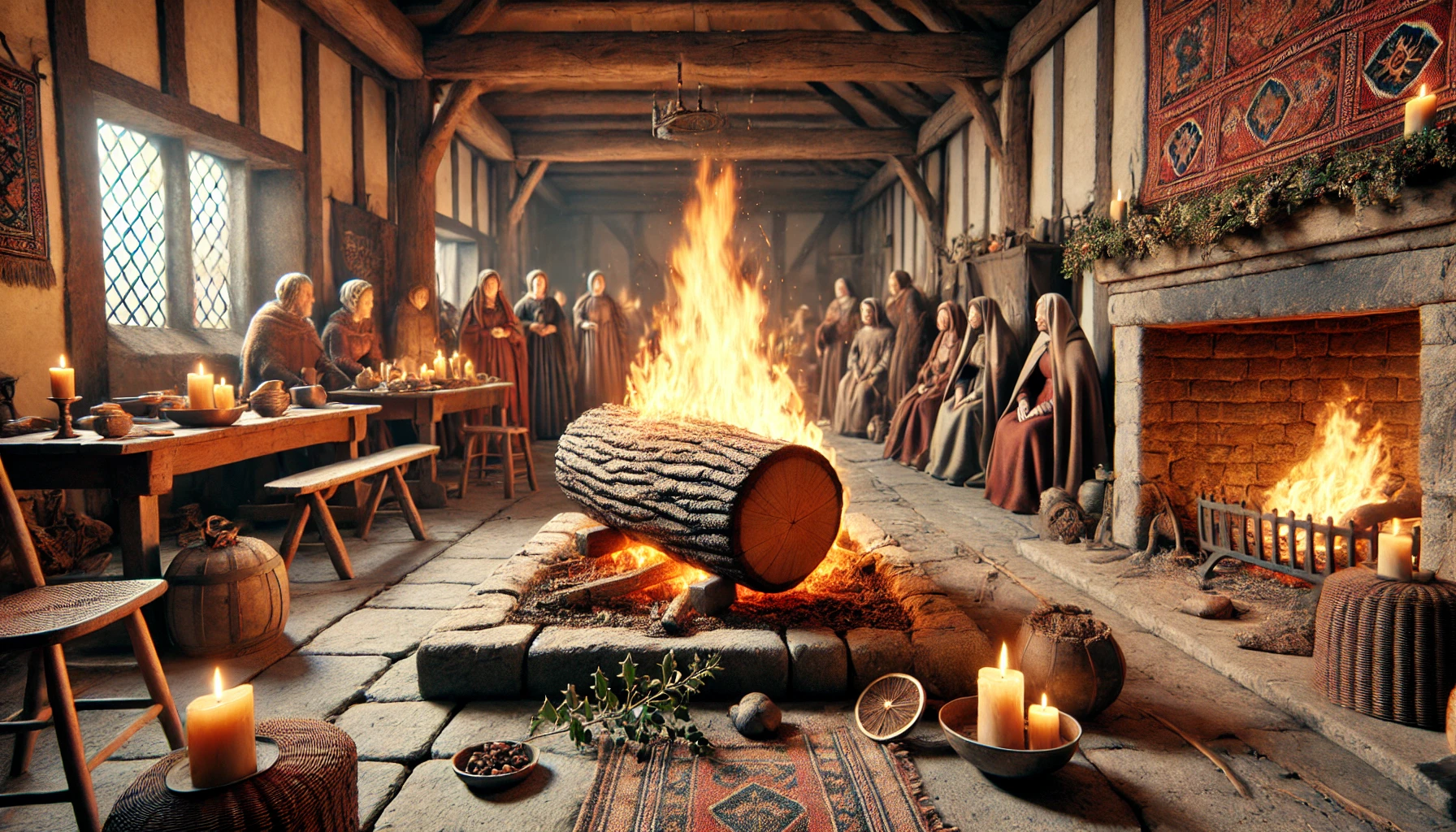 DALL·E 2024 11 24 11.51.23 A hyperrealistic illustration of a Yule log burning during the Middle Ages. The scene is set in a medieval household with period accurate attire and