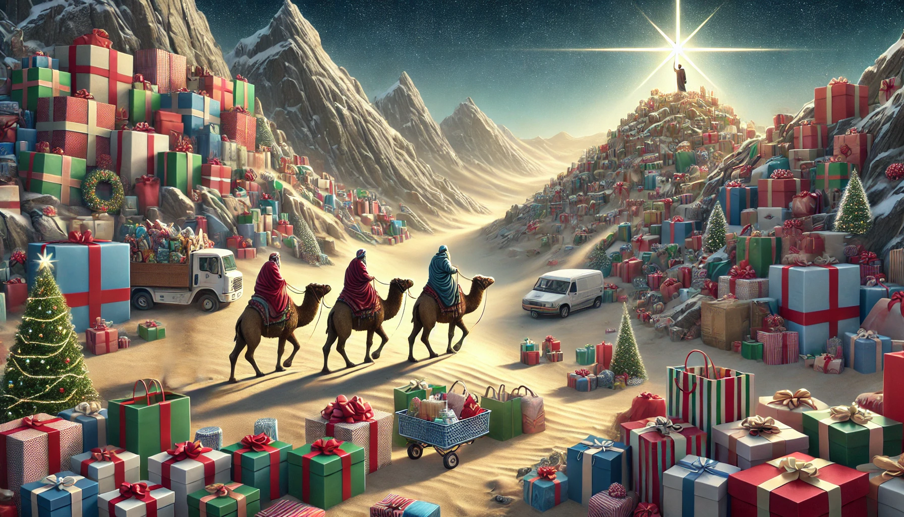DALL·E 2024 11 24 12.39.56 A hyperrealistic illustration of the Three Wise Men Reyes Magos being guided by the star to the manger of Jesus but instead of traveling over a des