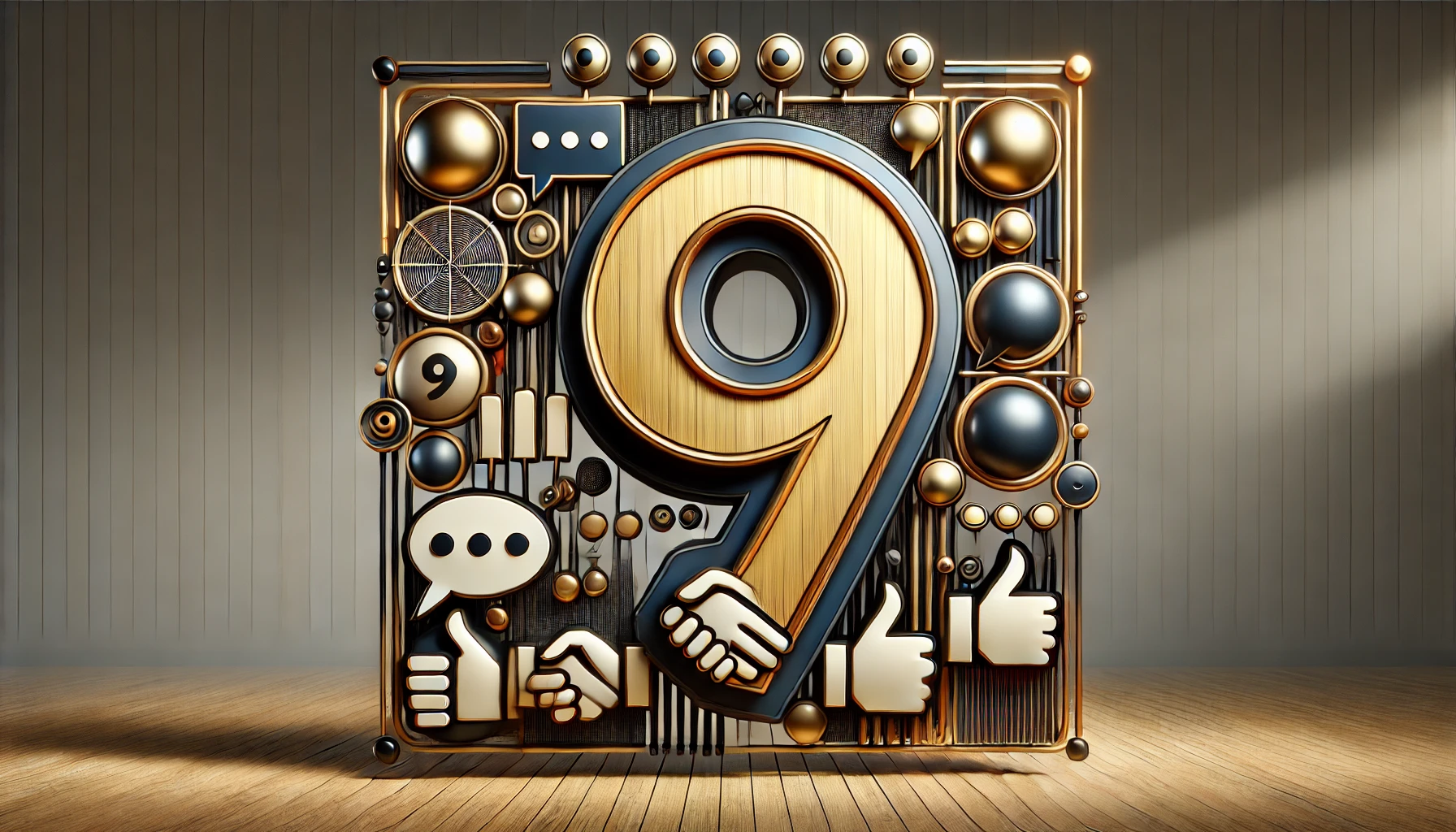 Como influir en las personas con 9 expresiones, según Scott Adams 2 DALL·E 2024 12 15 17.20.40 A hyperrealistic panoramic illustration featuring a bold large number 9 surrounded by distinct symbols representing communication and persuasion. T