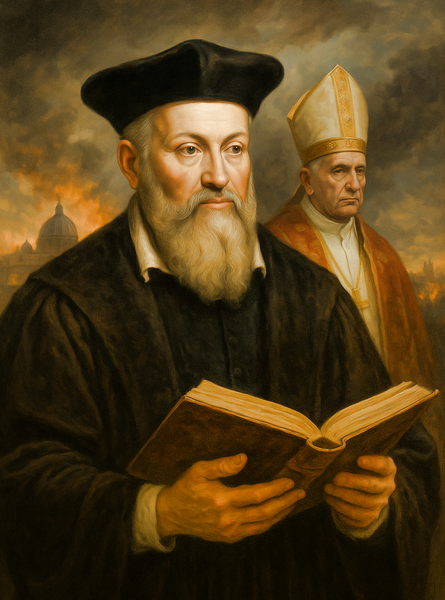 ¿Qué predijo realmente Nostradamus sobre el último papa? 2 Retrato de Nostradamus con un papa al fondo y Roma ardiendo en el horizonte, simbolizando el fin de una era