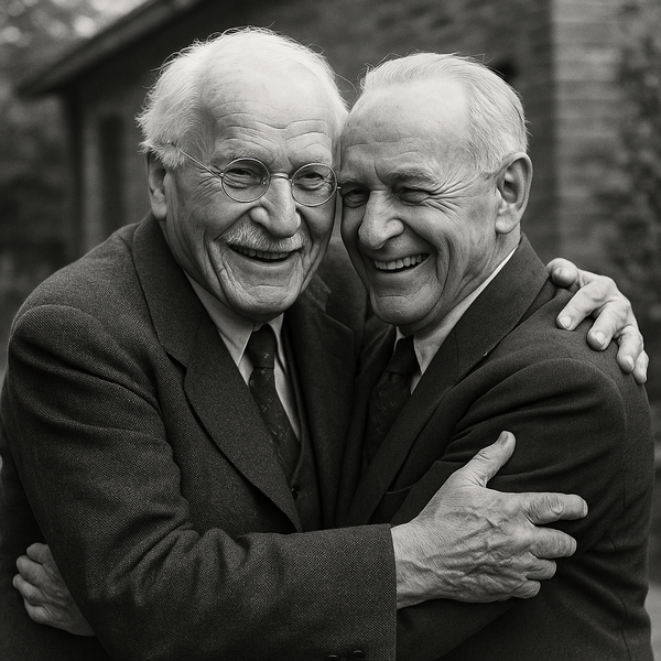 Carl Jung y Rowland H. abrazándose como buenos amigos, en una imagen simbólica del vínculo espiritual que inspiró el nacimiento de Alcohólicos Anónimos.