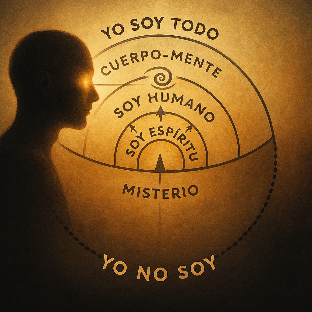 "Ilustración simbólica del proceso espiritual descrito por Douglas Harding, con un perfil humano, un tercer ojo iluminado y círculos concéntricos que representan las capas del ser: cuerpo-mente, humanidad, espíritu, misterio y vacío."