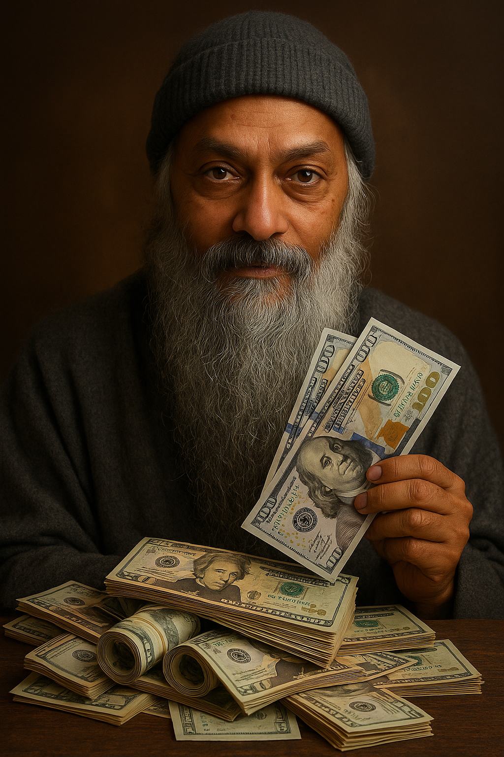 Retrato hiperrealista de un hombre sabio de aspecto oriental sosteniendo billetes, símbolo de energía y abundancia consciente.