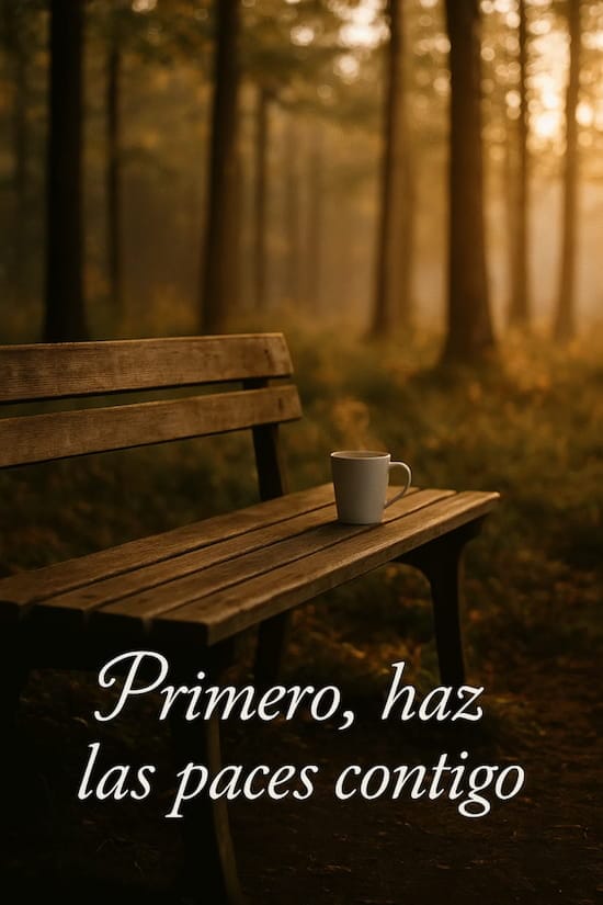 La amistad más difícil (y más necesaria) 7 Banco de madera vacío en un bosque al atardecer con una taza de café y la frase “Primero, haz las paces contigo”