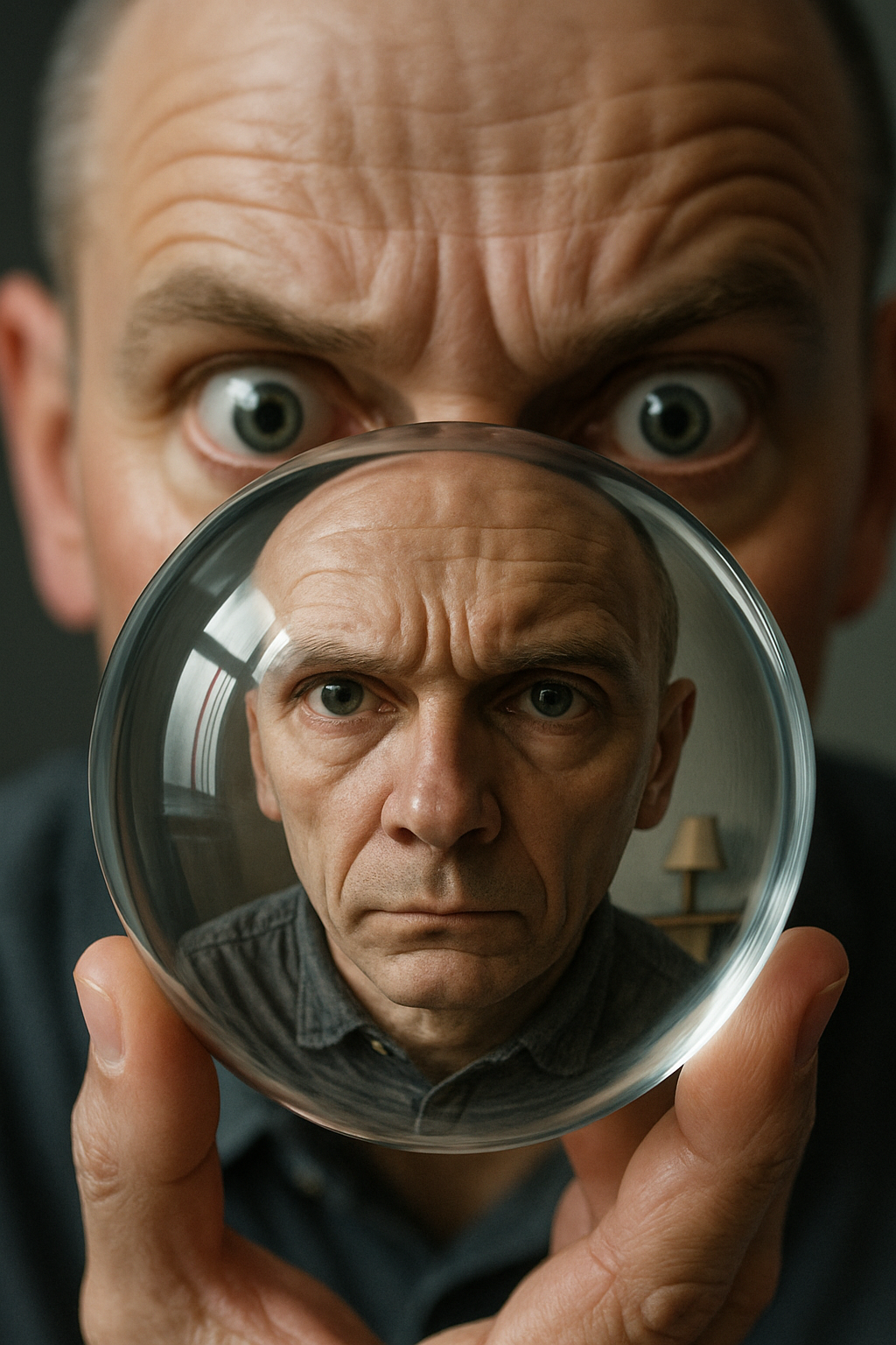 Primer plano de un hombre mirando fijamente una esfera de cristal que distorsiona su rostro, simbolizando la paradoja de la percepción y la vida
