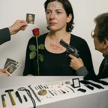 Marina Abramović durante la performance Rhythm 0, con expresión solemne mientras una persona le apunta con un arma y otra le ofrece una rosa, junto a una mesa con 72 objetos.