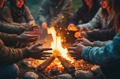 La fuerza invisible de lo colectivo: cómo la unión transforma sociedades 10 Manos de personas de diferentes edades y orígenes unidas en círculo alrededor de una hoguera, símbolo de unión, cooperación y fuerza colectiva.