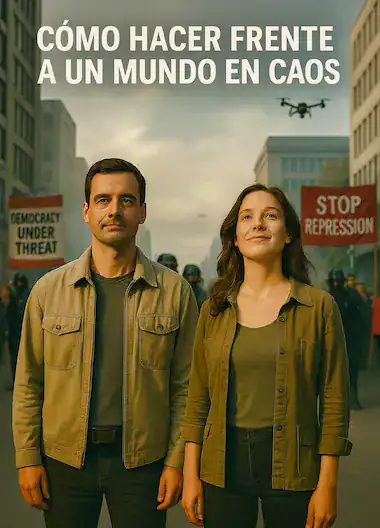 Día 3 - 3 Pasos para Cambiar Tu Realidad 2 Pareja serena y firme ante una manifestación en un mundo en caos, con mensajes de represión y crisis económica.