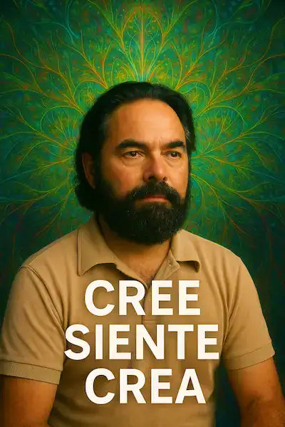 Retrato simbólico inspirado en Jacobo Grinberg, con fondo cuántico y las palabras Cree, Siente, Crea, que representan la unión entre conciencia, emoción y creación.