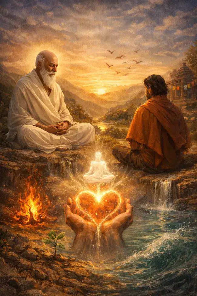 La Carta Final de Riddhi 2 Ilustración espiritual de Riddhi y su discípulo meditando frente a un paisaje luminoso, con un corazón de luz que simboliza el amor, la unidad y la transformación interior. Título