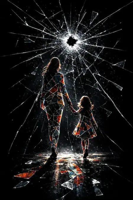 Atrapadas en Hamilton: una novela de suspense psicológico con mirada cinematográfica 2 Ilustración conceptual de una mujer y una niña caminando de la mano frente a un cristal roto con impacto de bala, en un ambiente oscuro y cinematográfico.