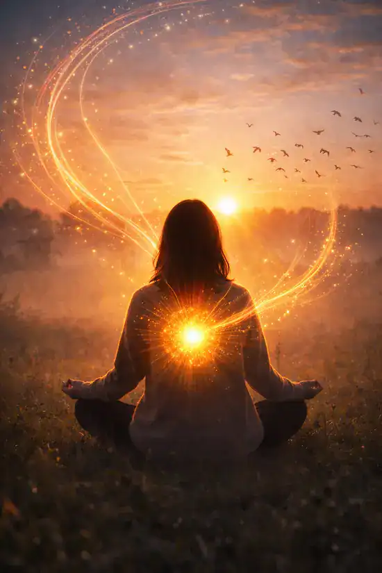 Cuando no sepas qué hacer 2 Figura meditando al amanecer con una luz dorada en el pecho, simbolizando atención, energía y claridad interior.