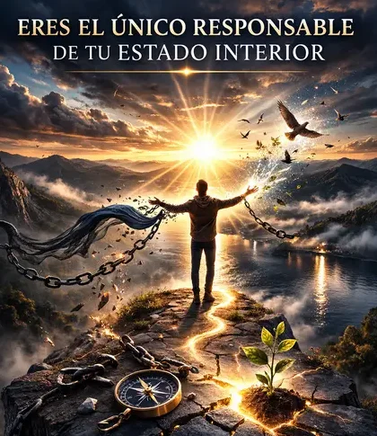 La libertad empieza en tu responsabilidad 2 Hombre rompiendo cadenas frente al amanecer simbolizando que la responsabilidad personal es libertad interior.