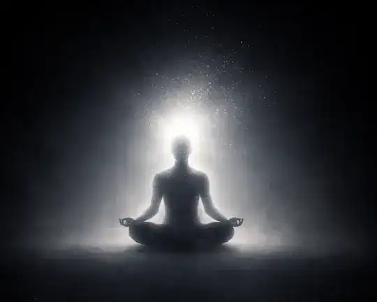 El vacío que no es ausencia 3 Figura en meditación disolviéndose en luz, símbolo de consciencia y vacío interior.