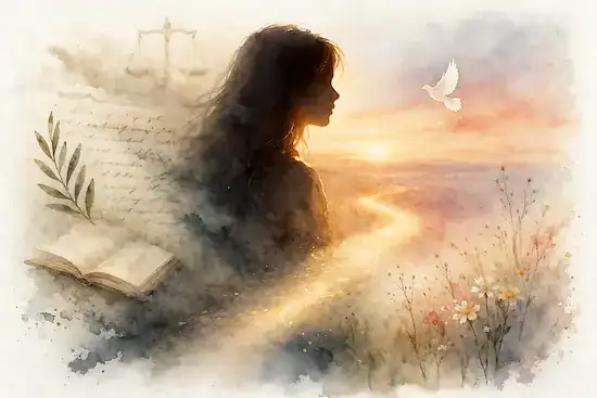 Carta abierta ante la decisión de Noelia 2 Ilustración alegórica de una mujer contemplando un camino de luz hacia el horizonte, con símbolos de paz y reflexión