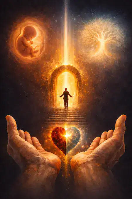 La última gran enseñanza de nuestra vida (la más difícil de aprender) 2 Manos extendidas sosteniendo un corazón luminoso frente a una escalera que conduce a un portal de luz, con figura humana, rayo celestial, feto y árbol brillante en escena simbólica espiritual.