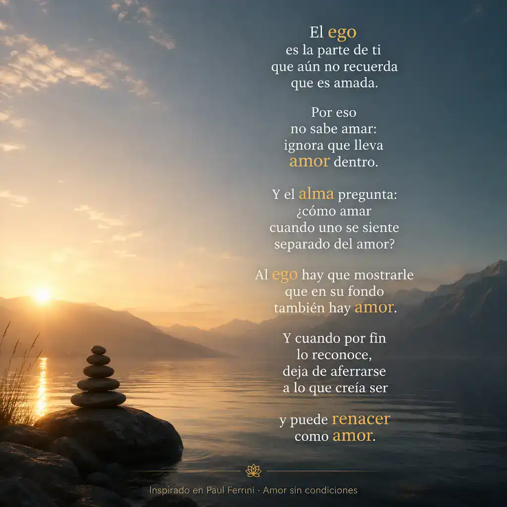 El ego busca lo que tiene 2 Paisaje tranquilo al amanecer con piedras apiladas junto al lago y reflexión espiritual sobre el ego, el alma y el amor interior.