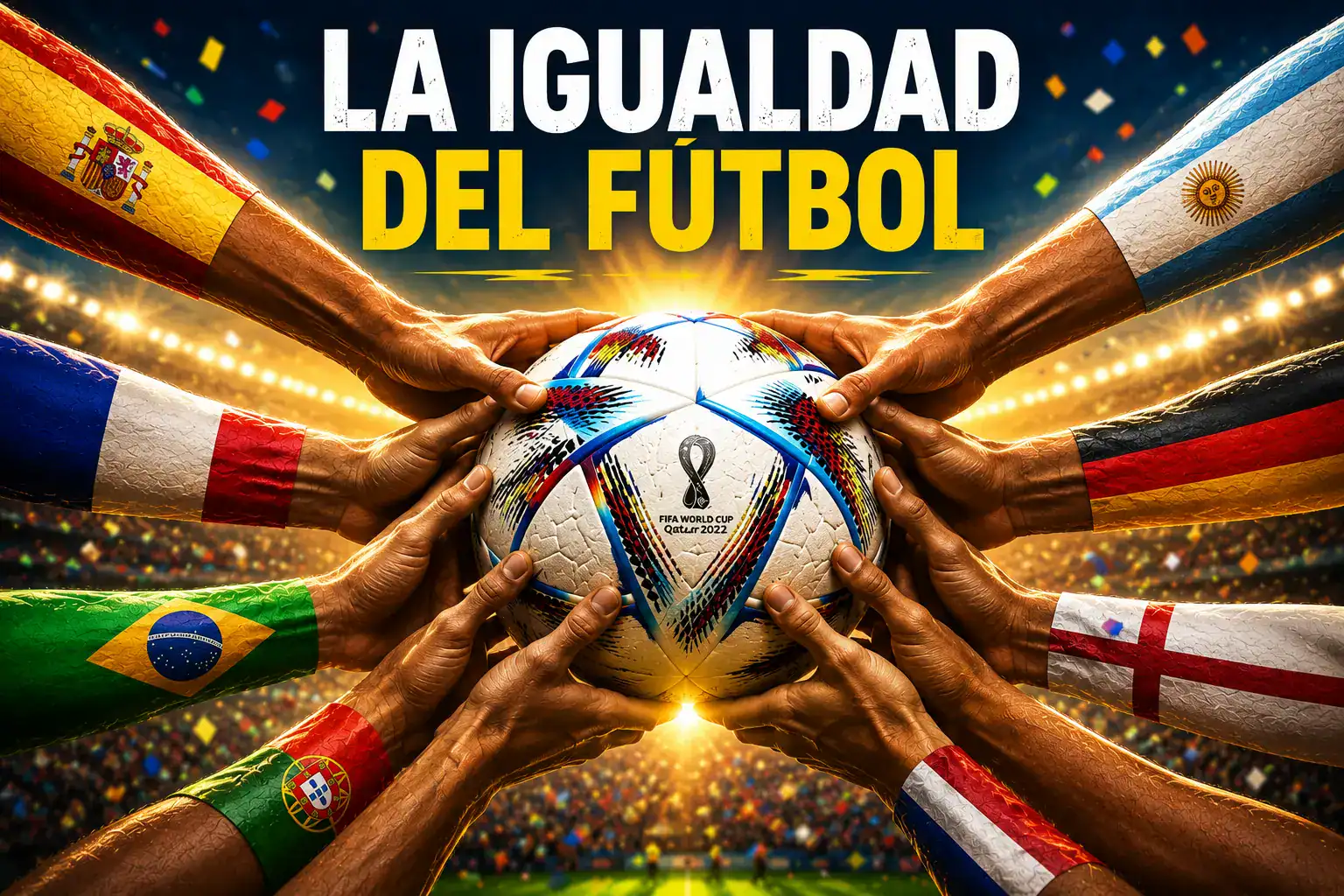 El fútbol nos hace iguales... si queremos 2 Brazos con las banderas de ocho países sostienen juntos un balón de fútbol bajo el lema «La igualdad del fútbol».