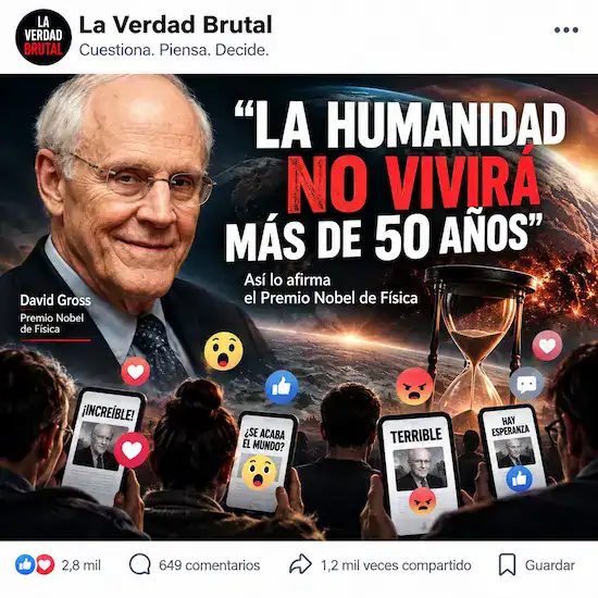 CUANDO EL TITULAR PIENSA POR TI 2 Titular sensacionalista en redes sociales sobre David Gross y el futuro de la humanidad