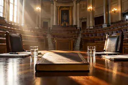 LAS FORMAS 2 Imagen de un hemiciclo con luz diáfana, carta magna abierta y dos sillas